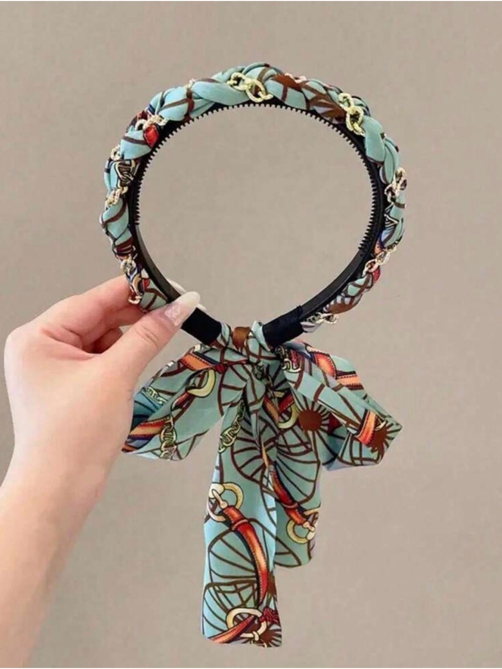 Silk-Print Braided Bow Headband - Aqua
